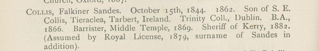 Scanned exerpt from the Bromsgrove School records for Falkiner S Collis-Sandes