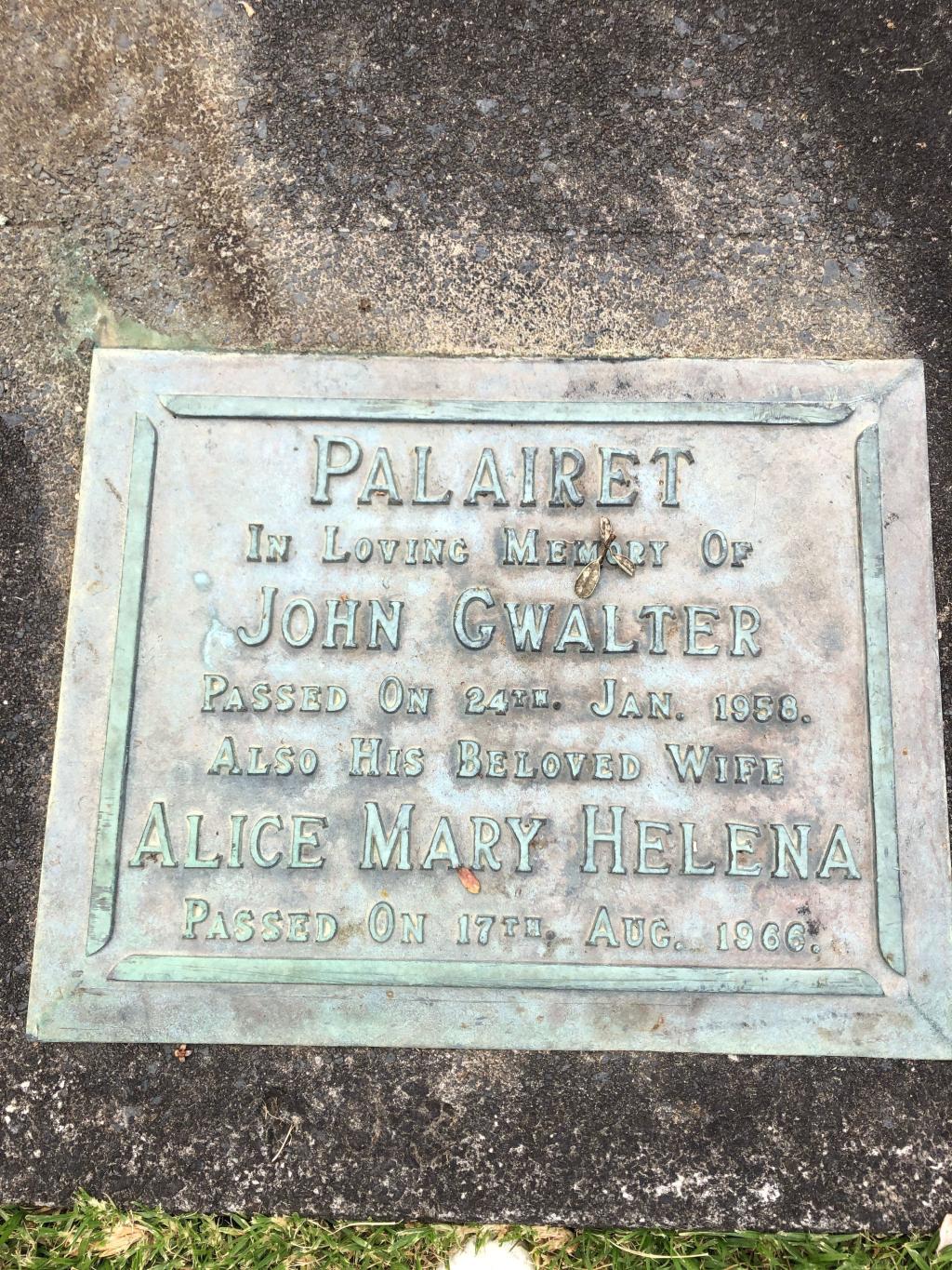 Headstone of John Gwalter Palairet and Alice Mary Helena Sandes