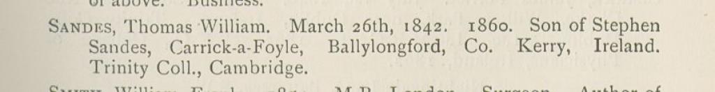Scanned exerpt from the Bromsgrove School records for Thomas William Sandes