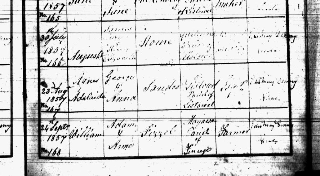 Baptism record for Agnes Adelaide Sandes