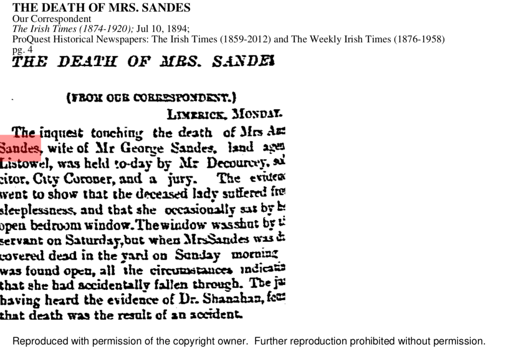 Newspaper clipping - Anna Whyte, accidental death.