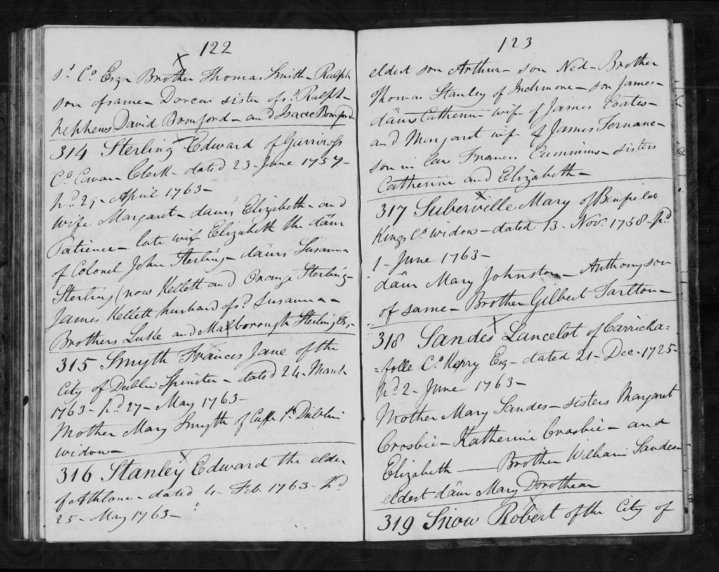 Entry in Betham's Genealogical Extracts for Lancelot Sandes, his mother Mary Coward and sisters, Margaret, Katherine & Elizabeth, brother William and eldest daughter Mary Dorothea.