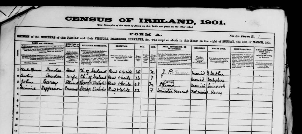 Irish Census 1901 for Charles Francis Sandes and family