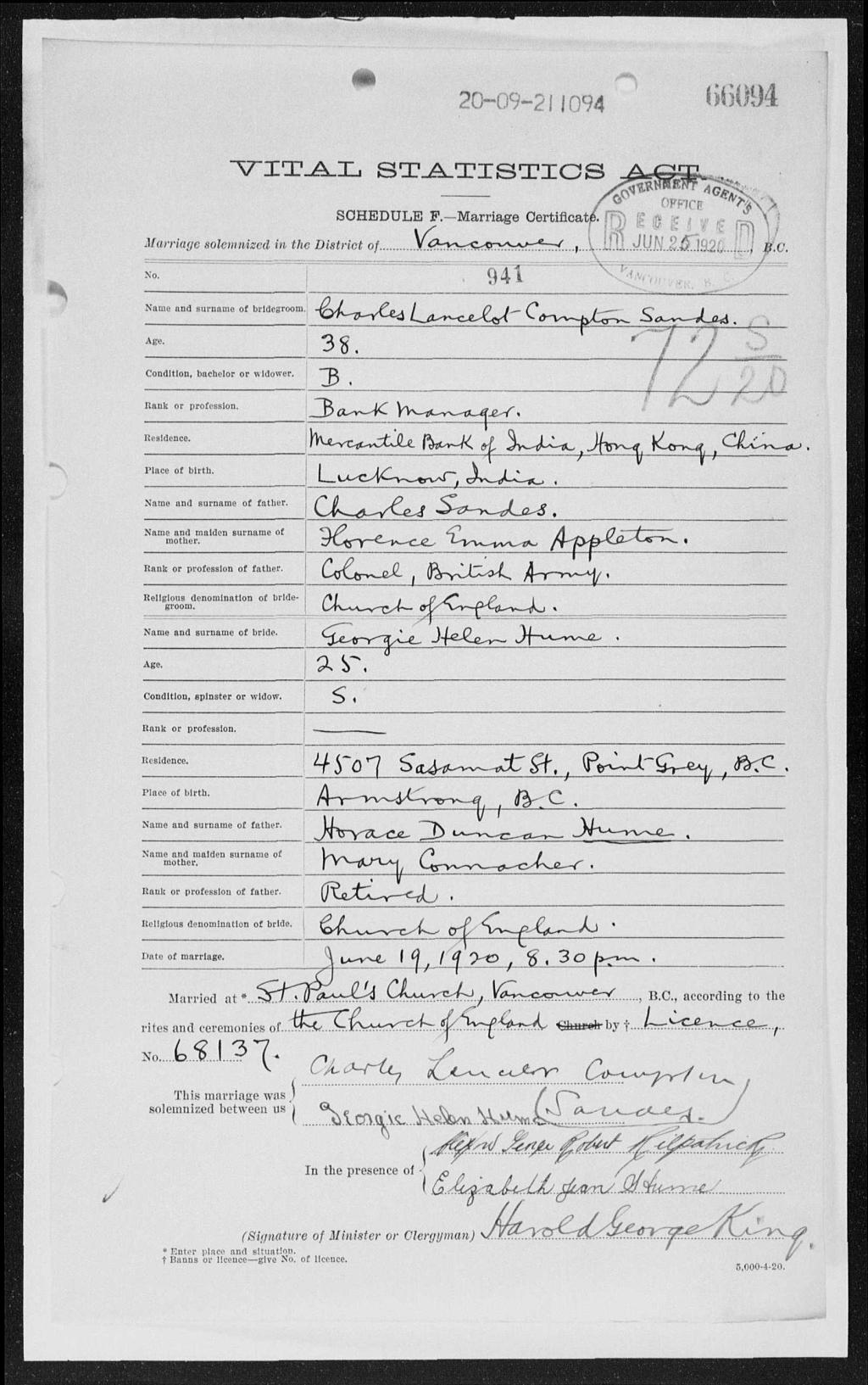Marriage certificate for Charles Lancelot Compton Sandes and Georgina Helen Hume
