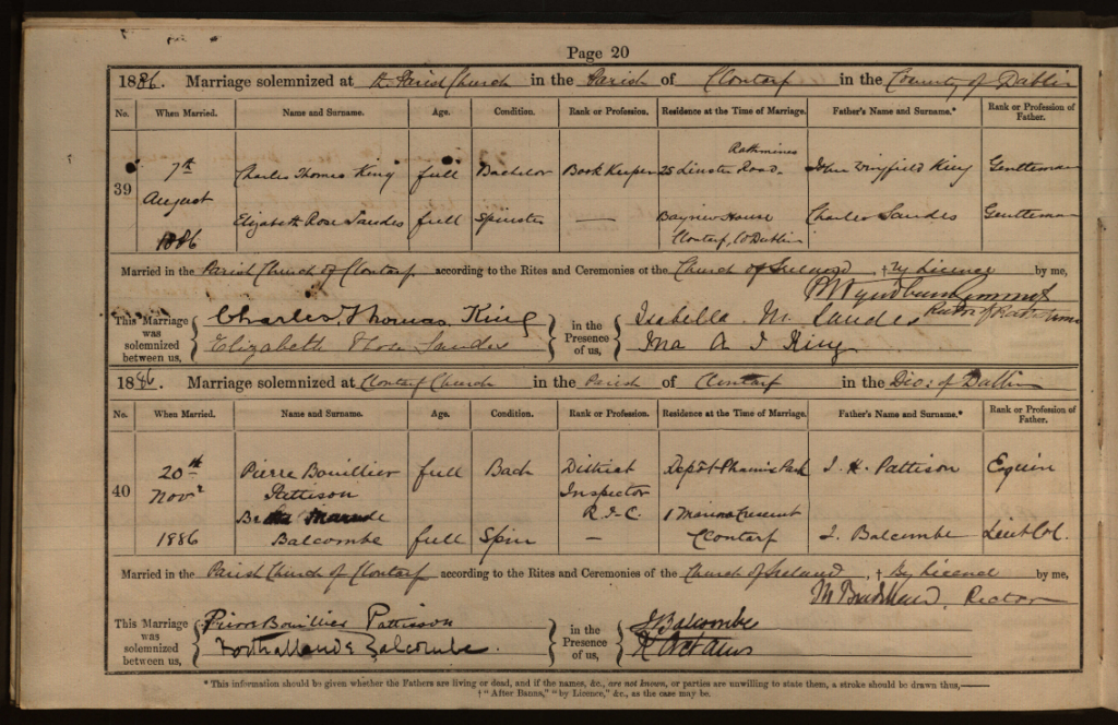 Marriage record for Charles Thomas King and Elizabeth Rose Sandes