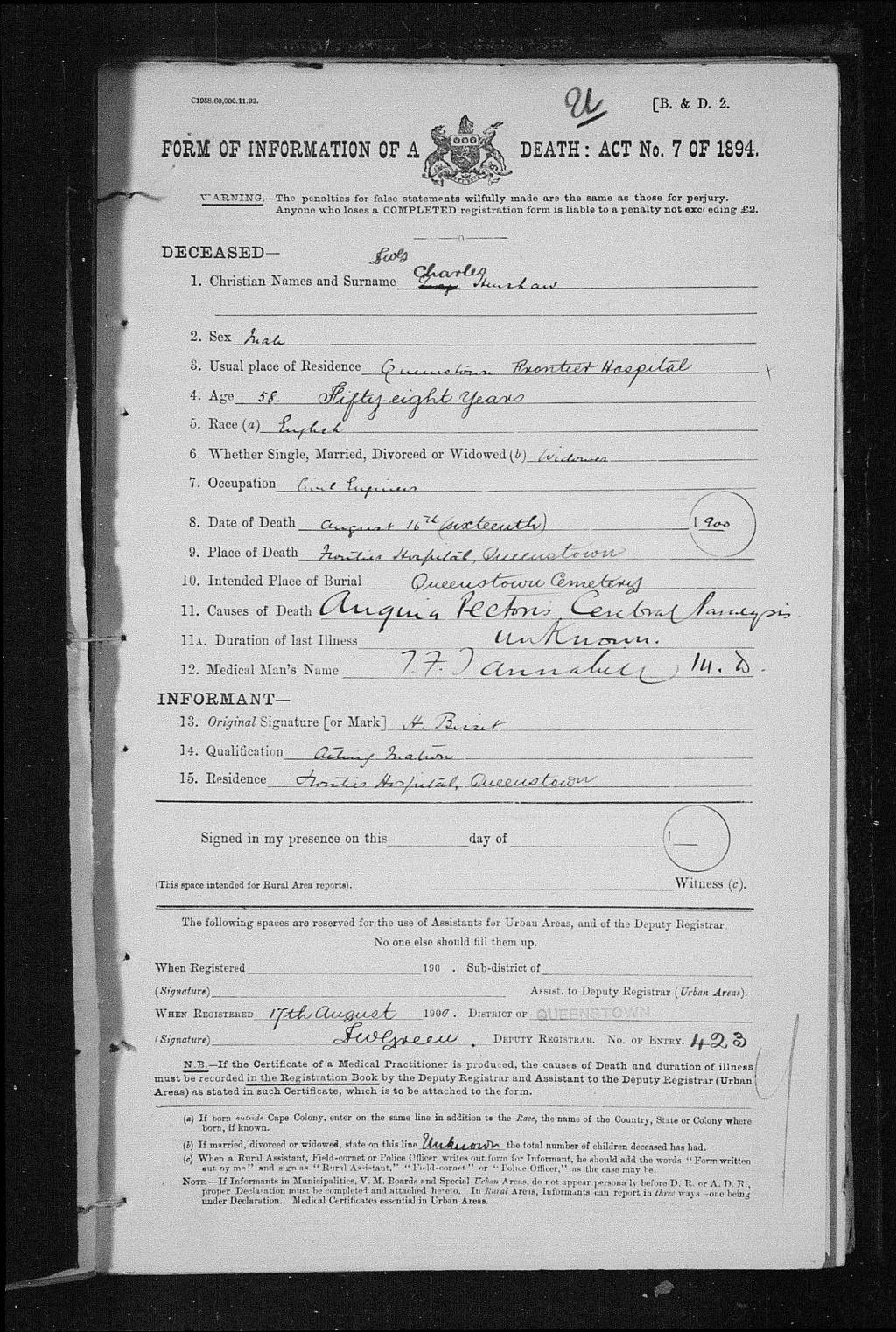 Death certificate - Charles Cornelius Henshaw