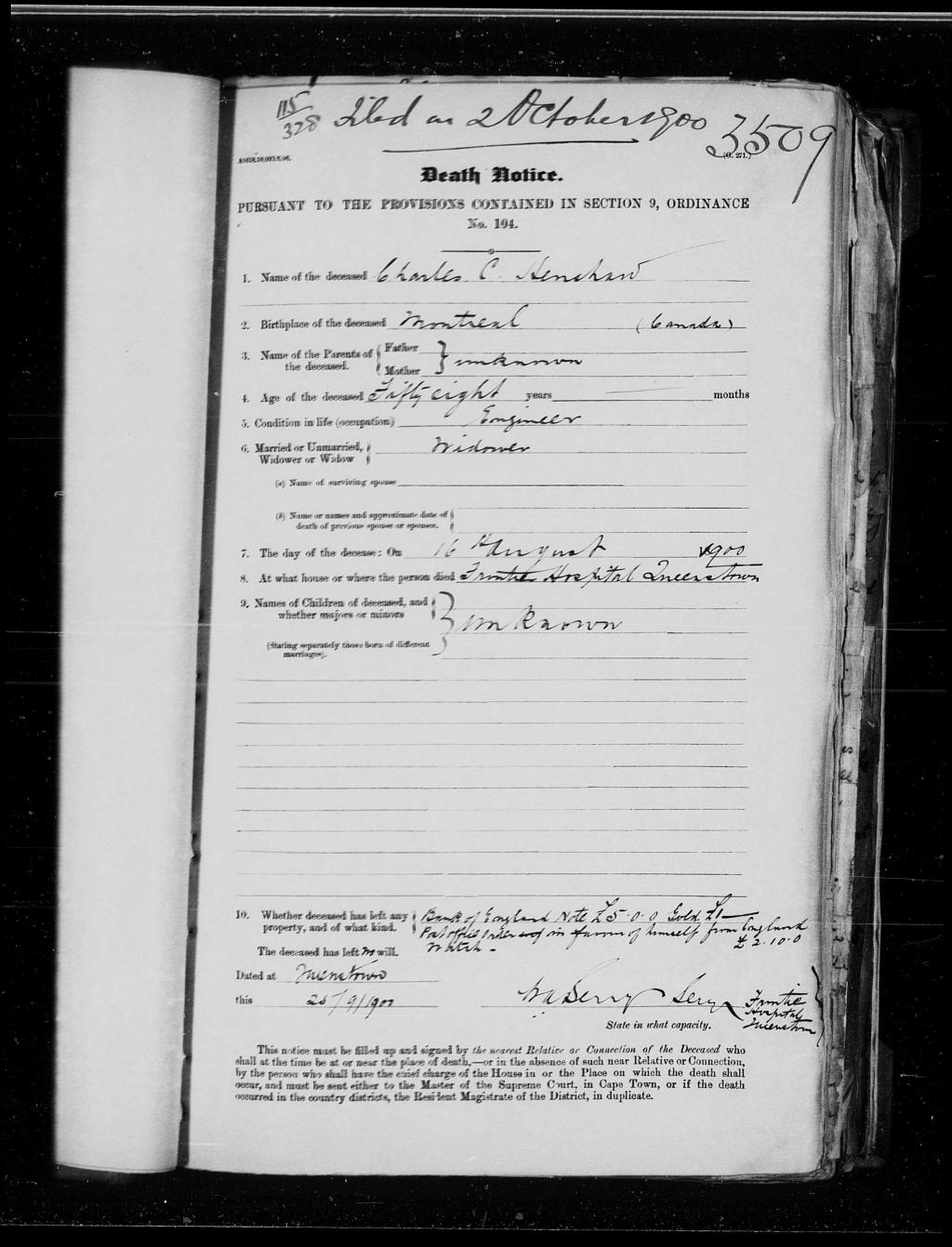 Death notice - Charles Cornelius Henshaw