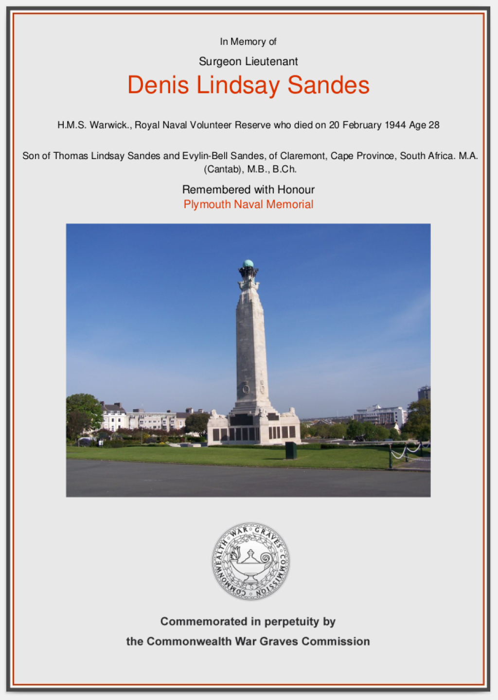 Memorial certificate for Denis Lindsay Sandes
