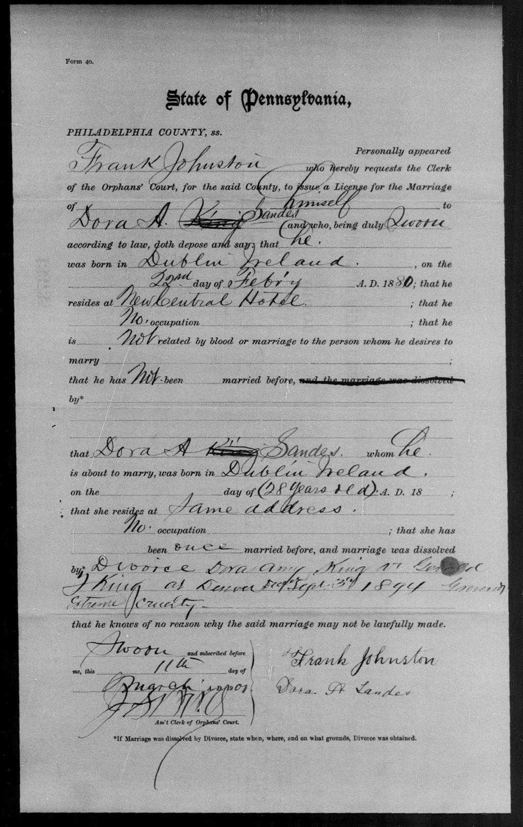 Marriage record for Dora Amy Sandes and Frank Johnston