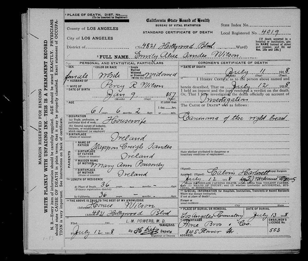 Death record of Emily Alice Sandes