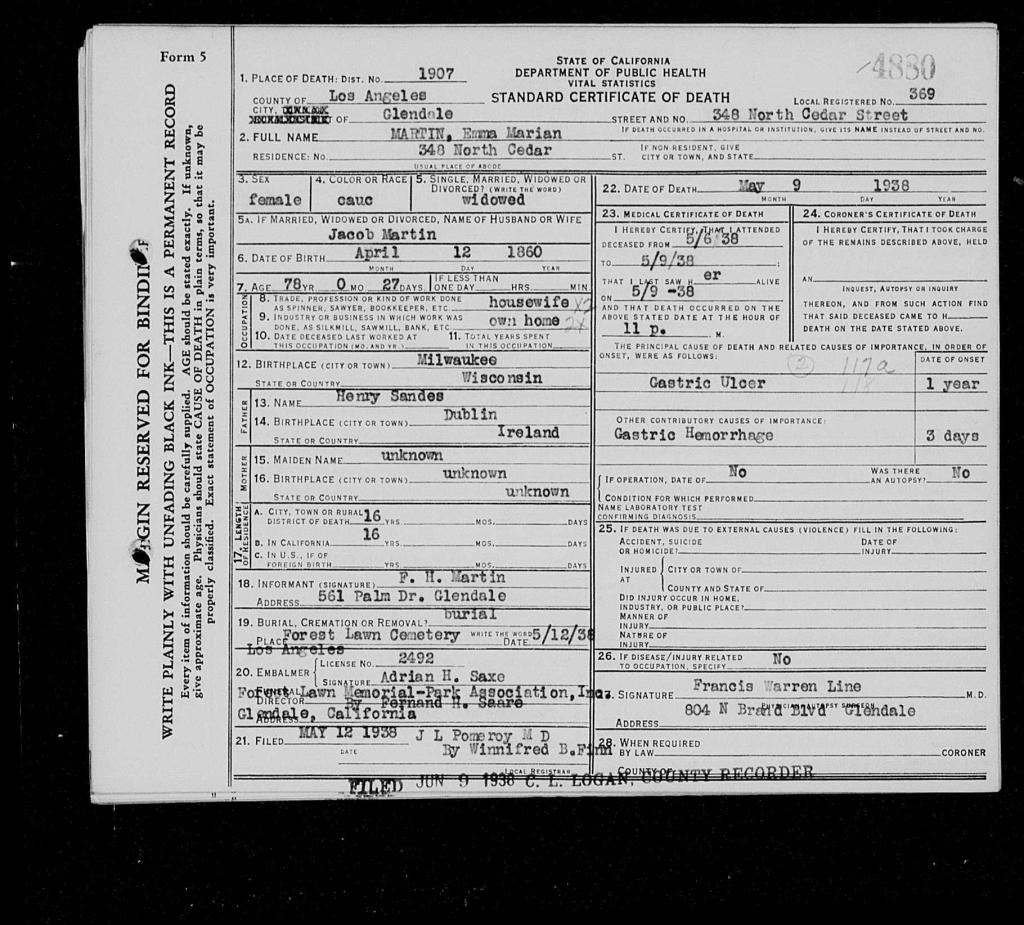 Death certificate - Emma M Sandes