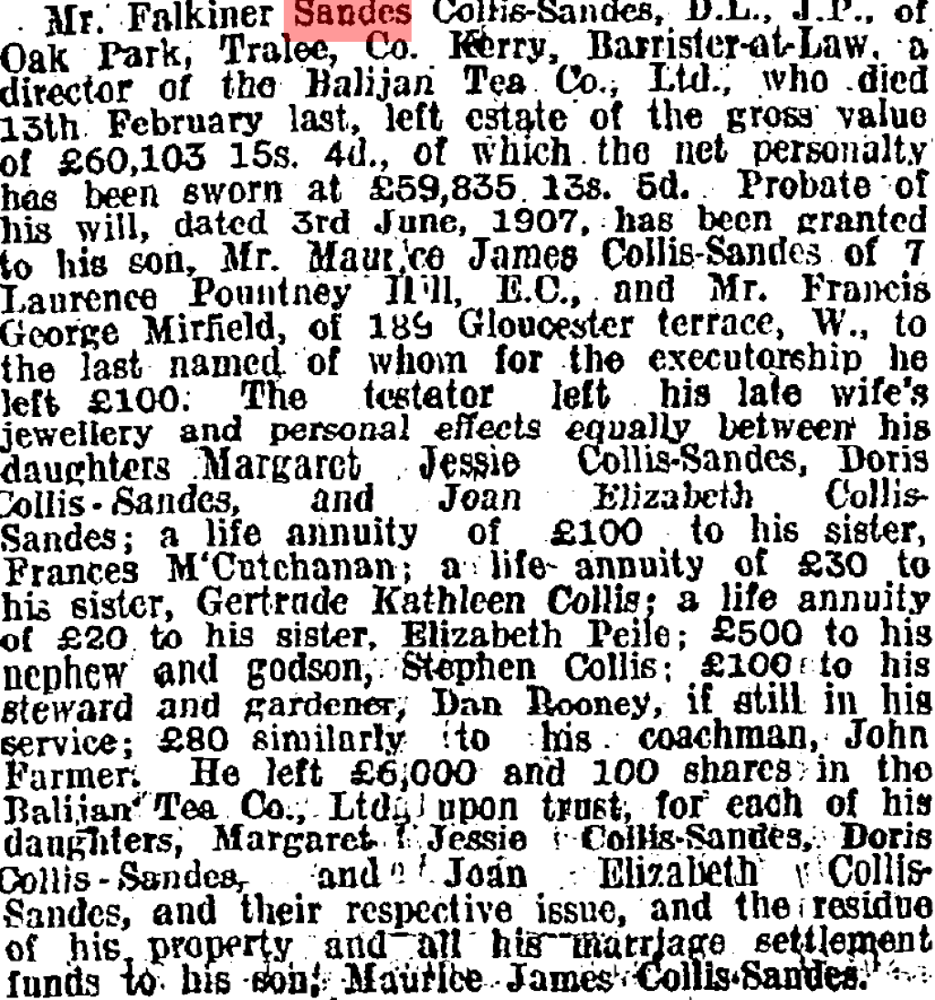 Irish Times 1874-1920 - FS Collis-Sandes probate