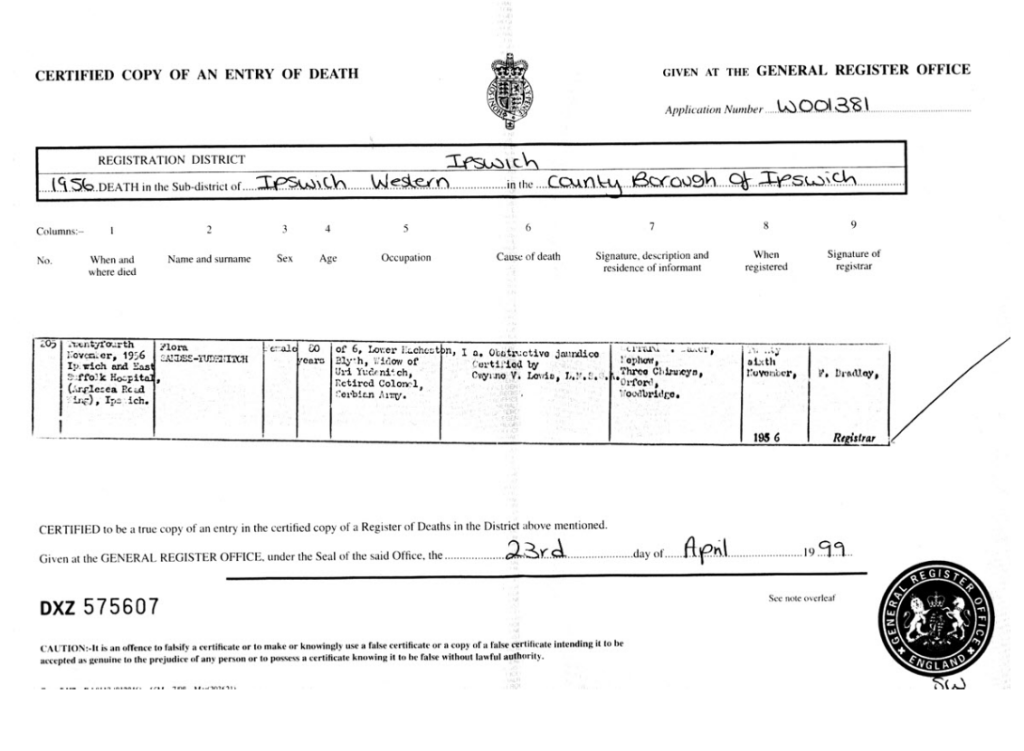 Flora Sandes death certificate