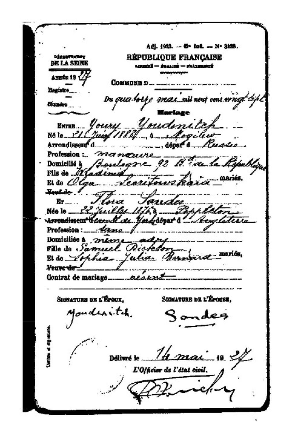 French marriage certificate for Flora Sandes and Yuri Yudenitch
