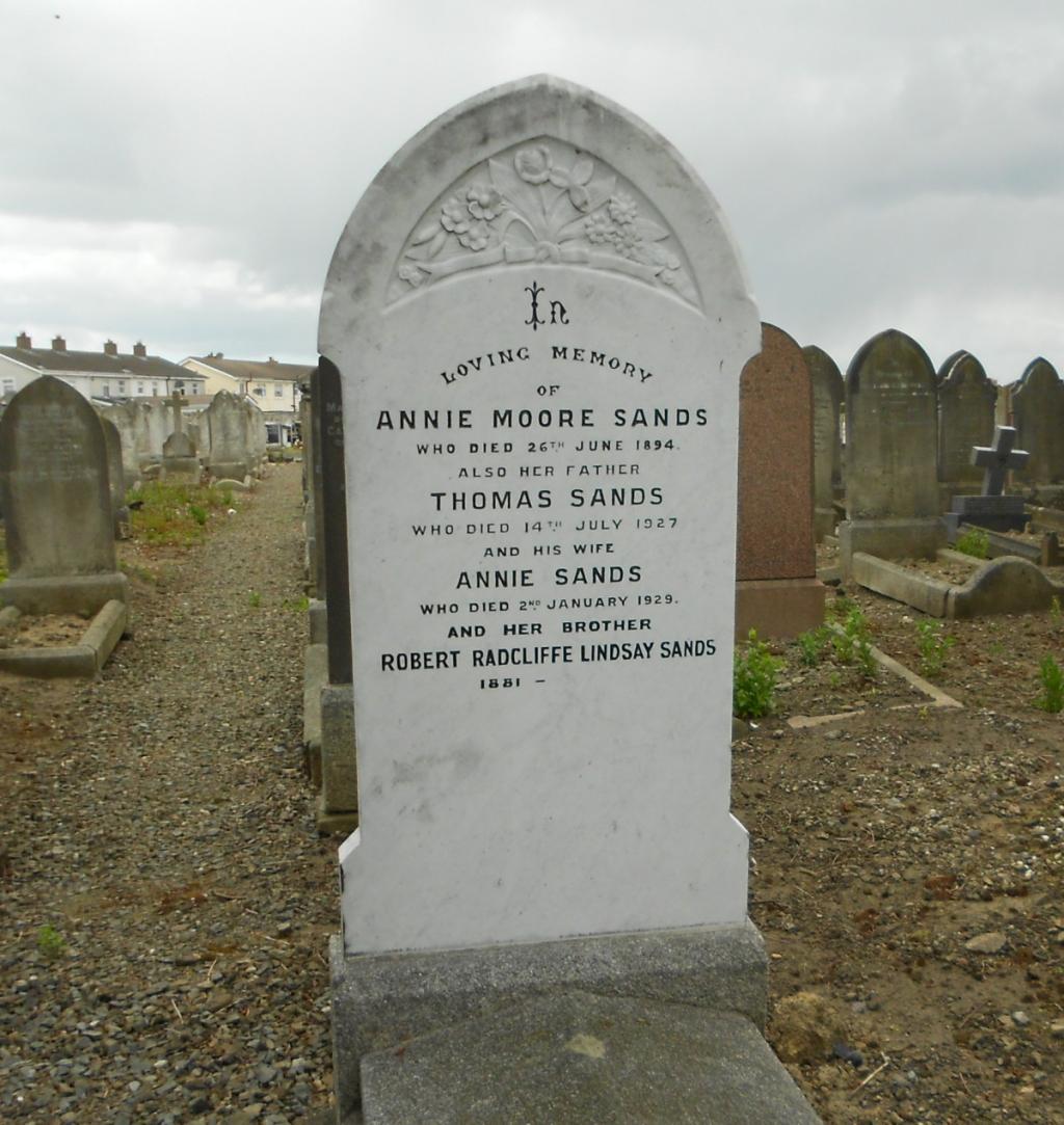 Headstone of Annie Moore Sands, Thomas Sands, Annie Sands and Robert Radcliffe Sands
