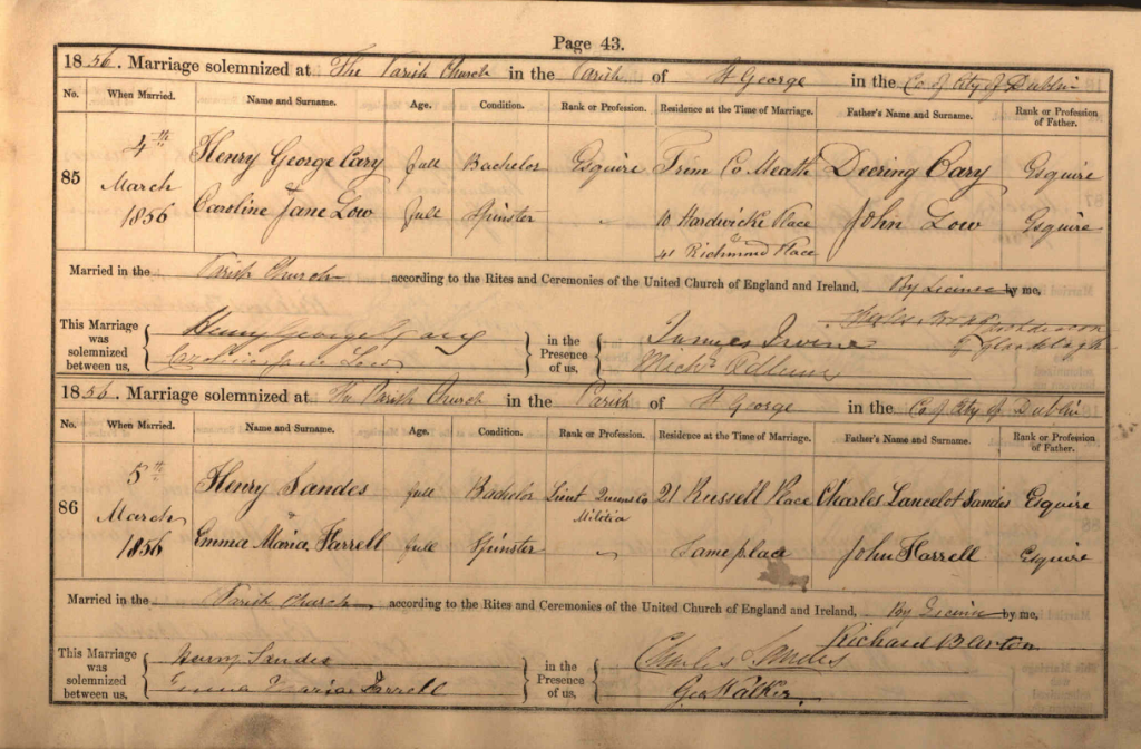 Marriage record for Henry Ralph Sandes and Emma Maria Farrell