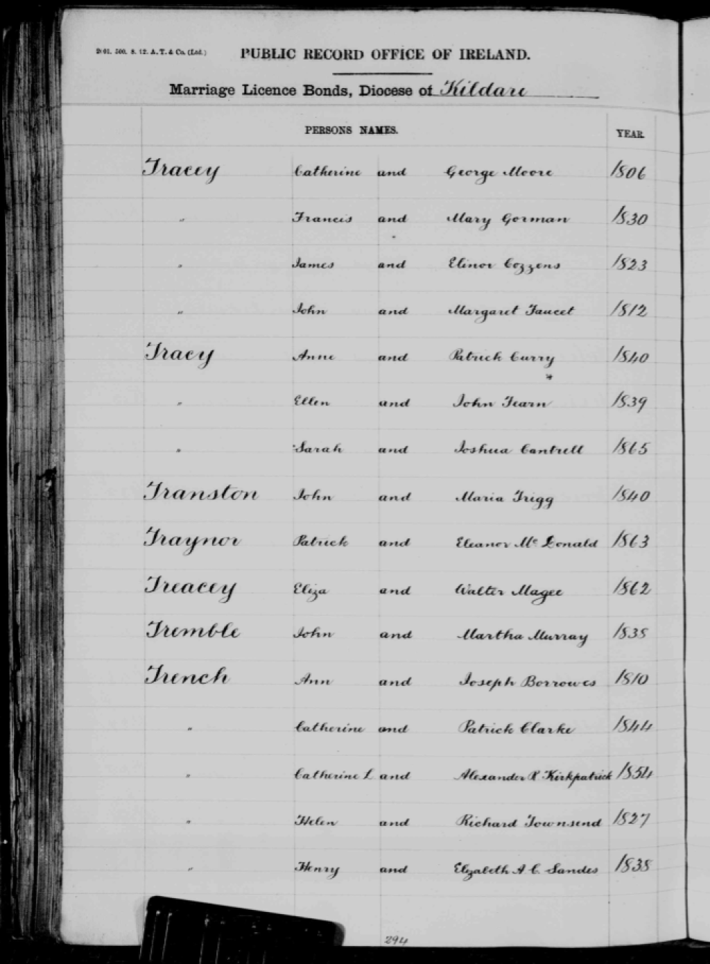 Marriage record for Henry Trench and Elizabeth Anne Caroline Sandes