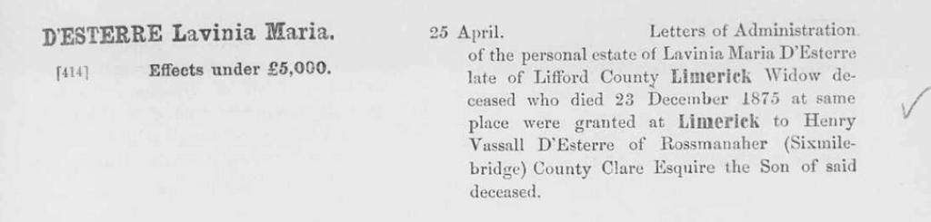 Probate record for Lavinia M D'Esterre