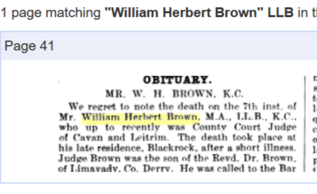 Obituary appearing in the Irish Law Times for William Herbert Brown