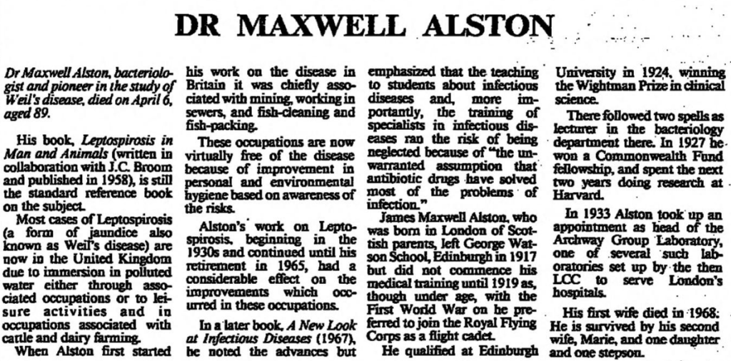 James Maxwell Alston - obituary - The Times, 12 April 1990