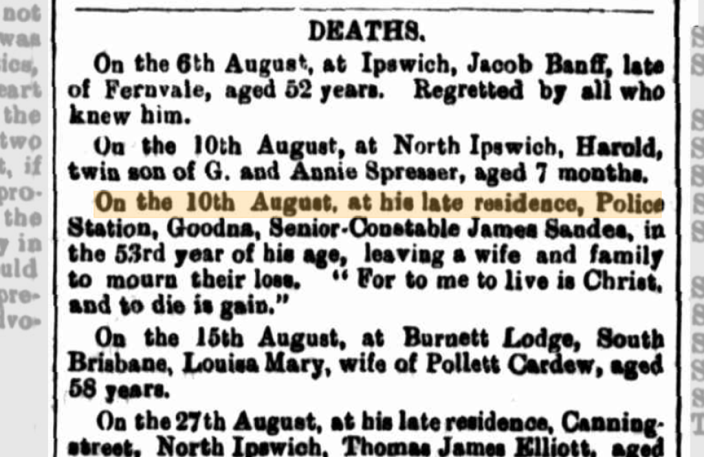 Death notice for James Sandes
