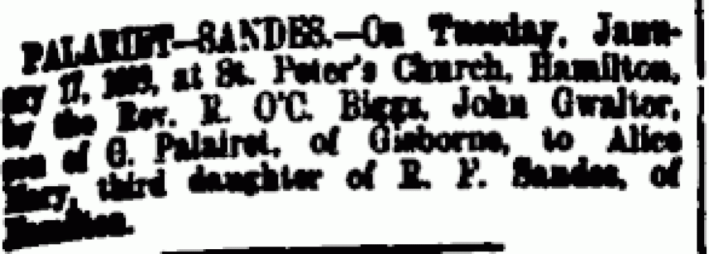 Wedding announcement of John G Palairet and Alice MH Sandes