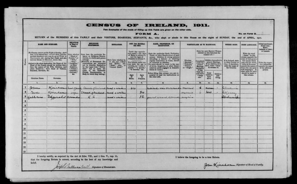 1911 Irish census record for John Kinahan and Eva MSM Sandes