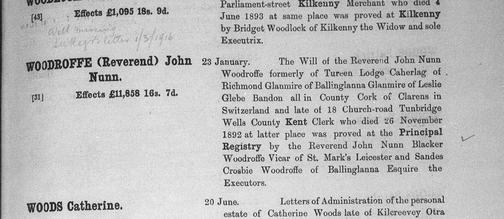 Probate record for John Nunn Woodroffe