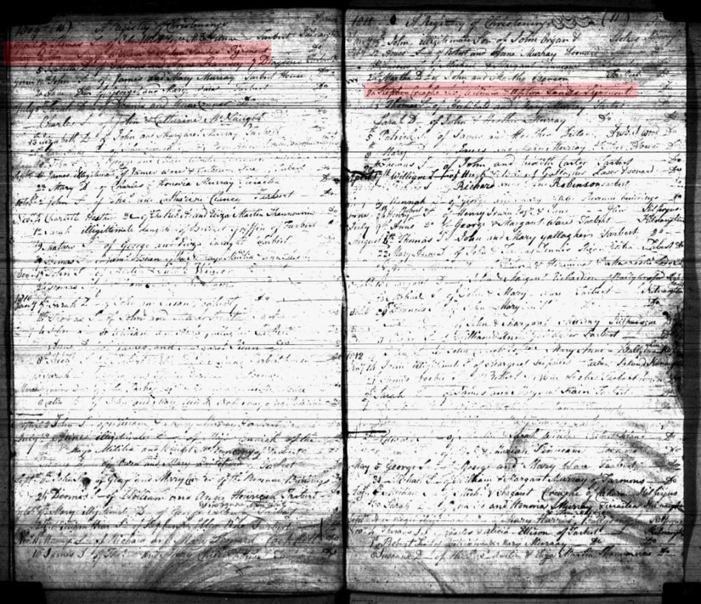 Baptism record for John Sandes and Stephen Creagh Sandes