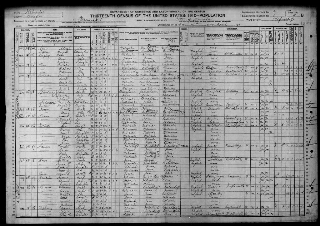 US Census 1910 record for Lancelot Charles Sandes and household.