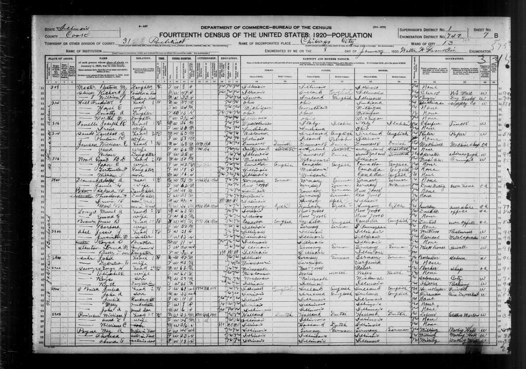 US Census 1920 record for Lancelot Samuel Sandes and household.