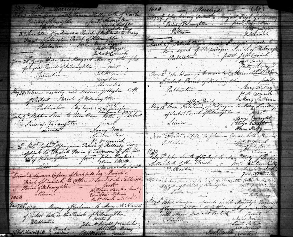 Lawrence Cusson and Catherine Sandes marriage entry.
