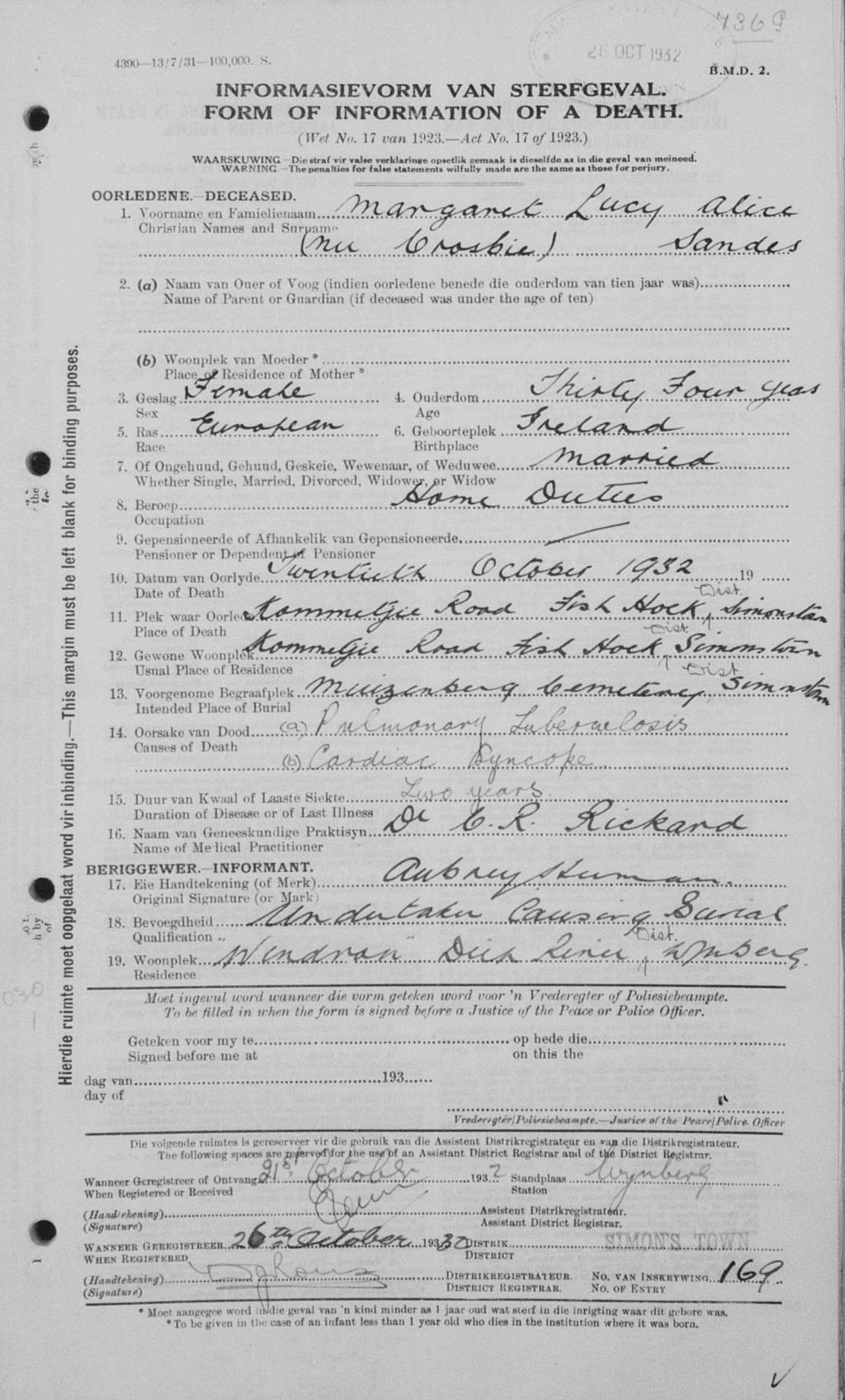 Death certificate of Margaret Lucy Alice Crosbie