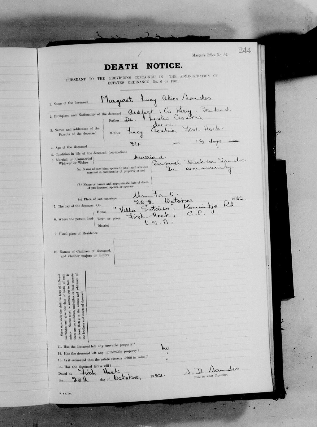 Death certificate of Margaret Lucy Alice Crosbie