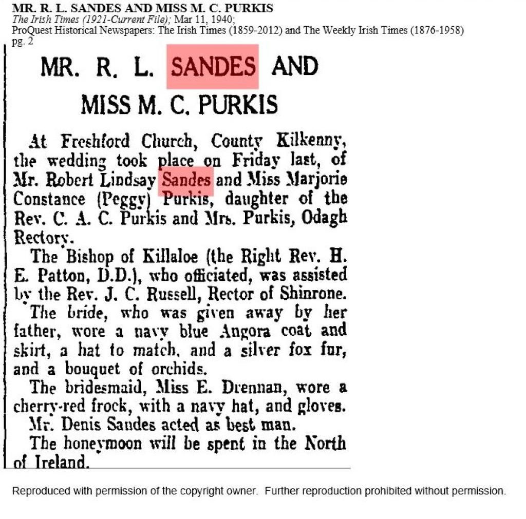 Notice of marriage, Robert R Lindsay Sandes and Majorie Constance Purkis