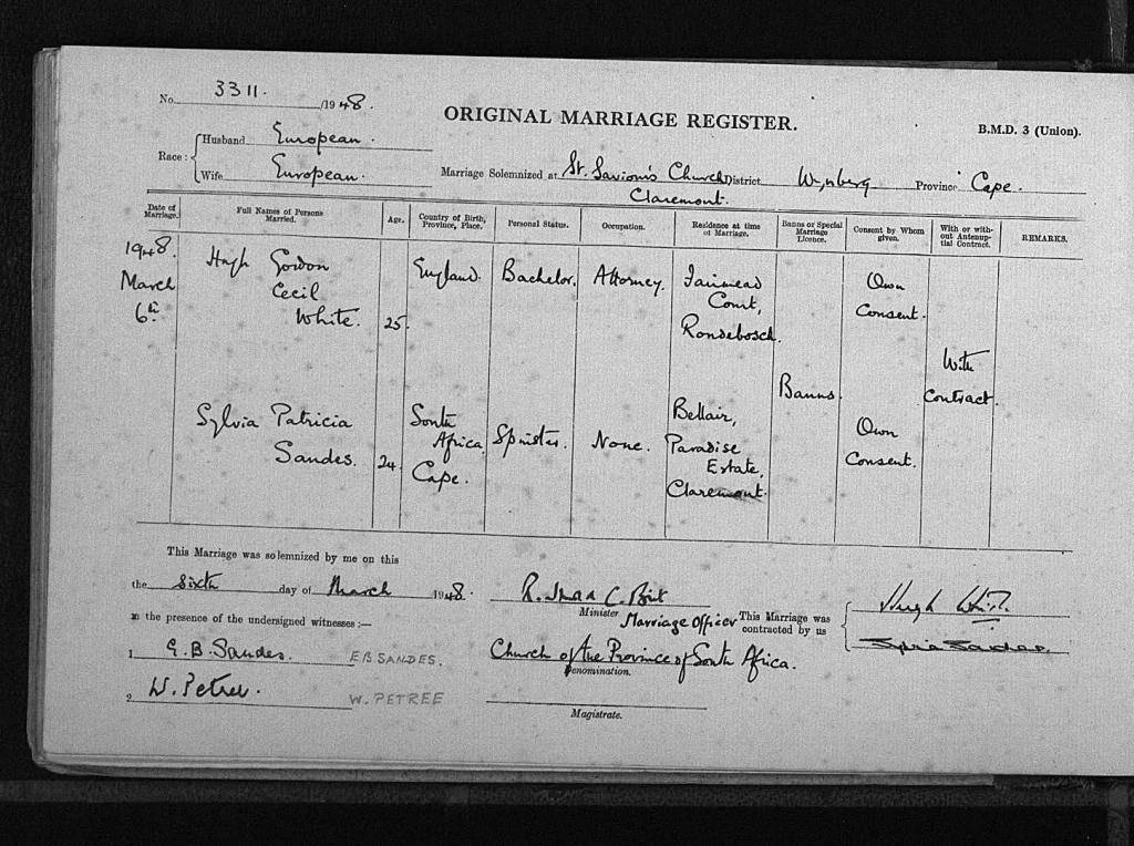 Marriage register record for Sylvia P Sandes