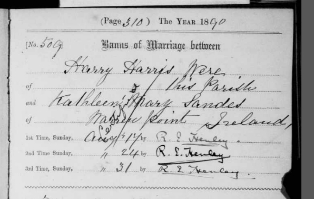 Marriage Banns for Harry H Were and Kathleen MA Sandes