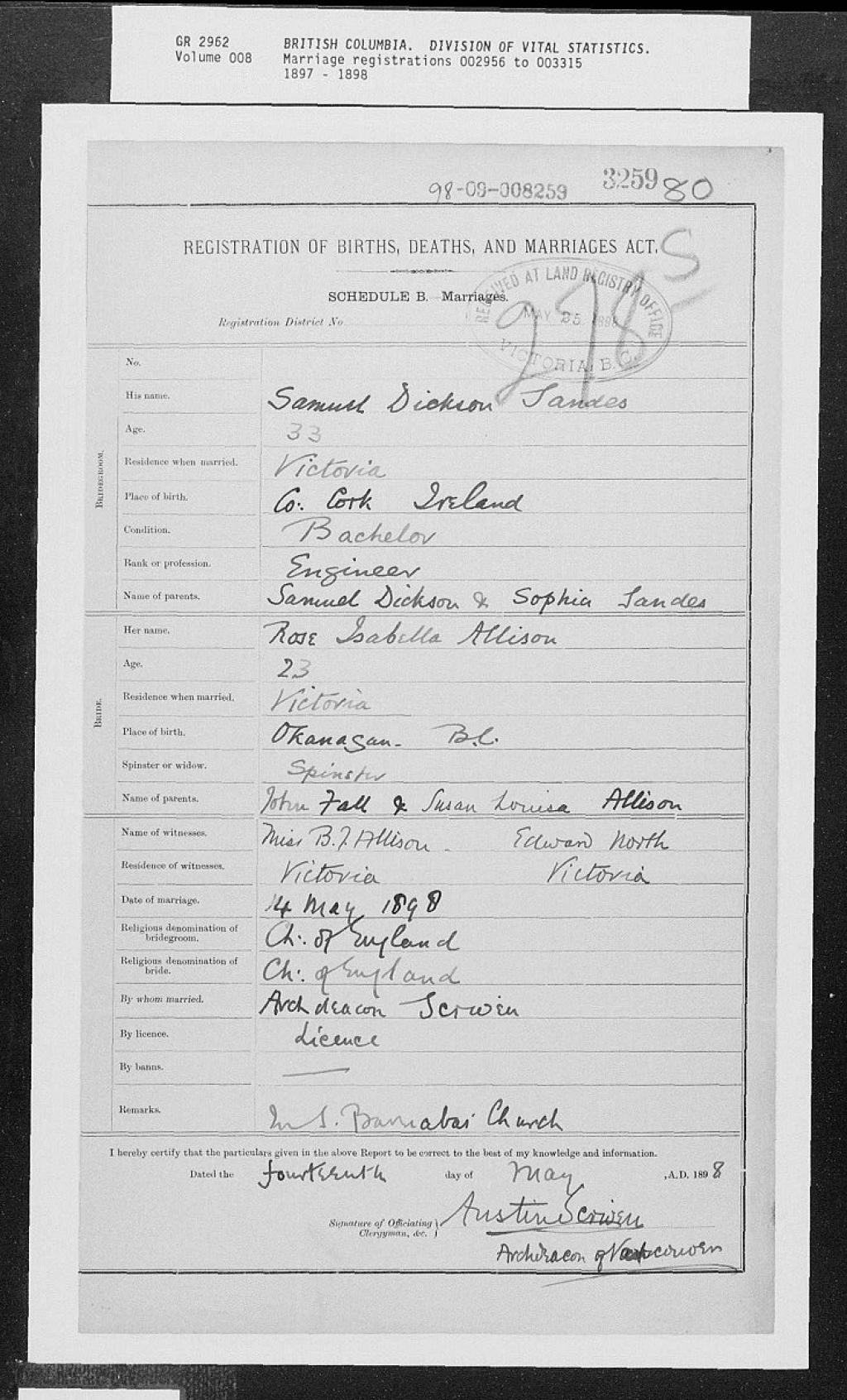 Registration of Marriage - Samuel Dickson Sandes and Rose Isabella Allison