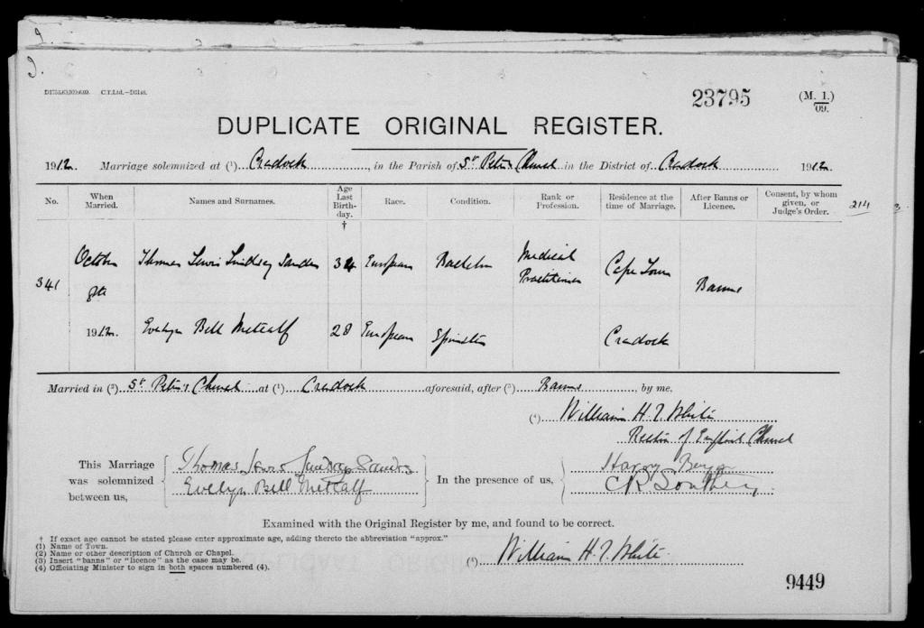 Marriage record for Thomas Lewis Lindsay Sandes and Evelyn Bell Metcalf