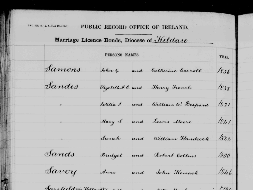 Marriage record for Sarah Sandes & Wiliam Handcock, Elizabeth Sandes & Henry Trench and Mary Sandes & Lewis Moore