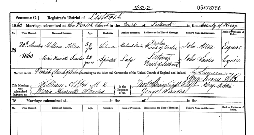 Marriage record for William Alton and Maria Henrietta Sandes