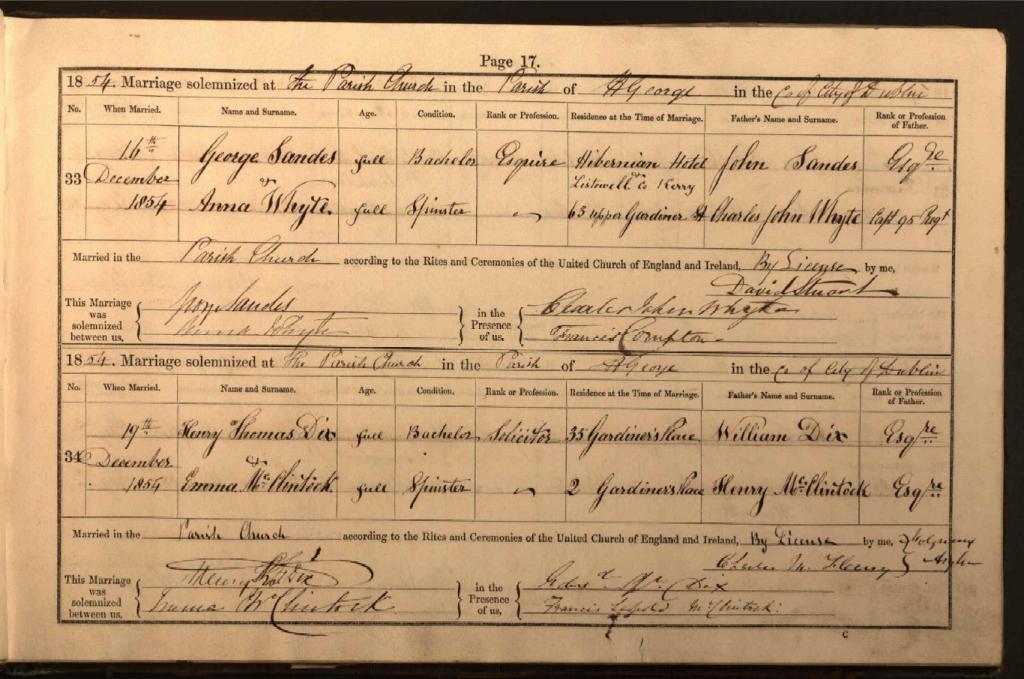 Marriage record for George Sandes and Anna Whyte