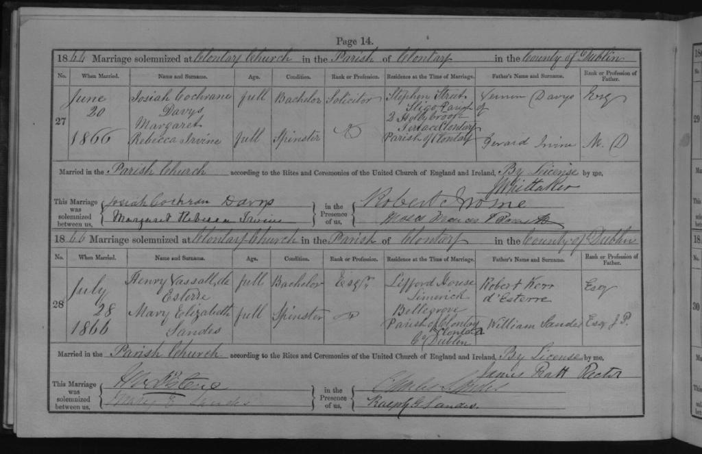 Marriage record for Henry Vassall D'Esterre and Mary Elizabeth Sandes