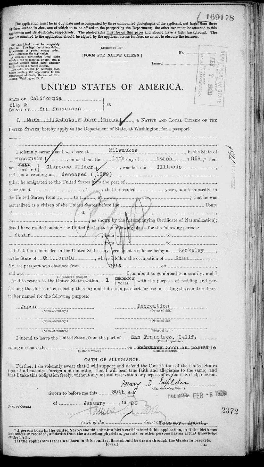 Passport application for Mary Elizabeth Sandes