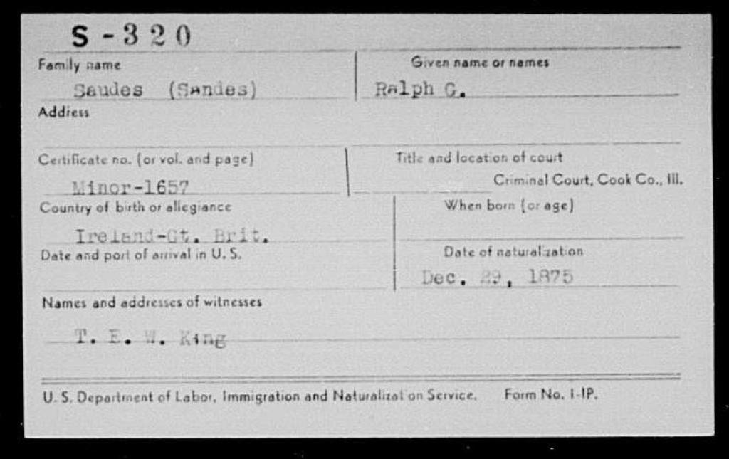 Naturalization index card for Ralph George Sandes