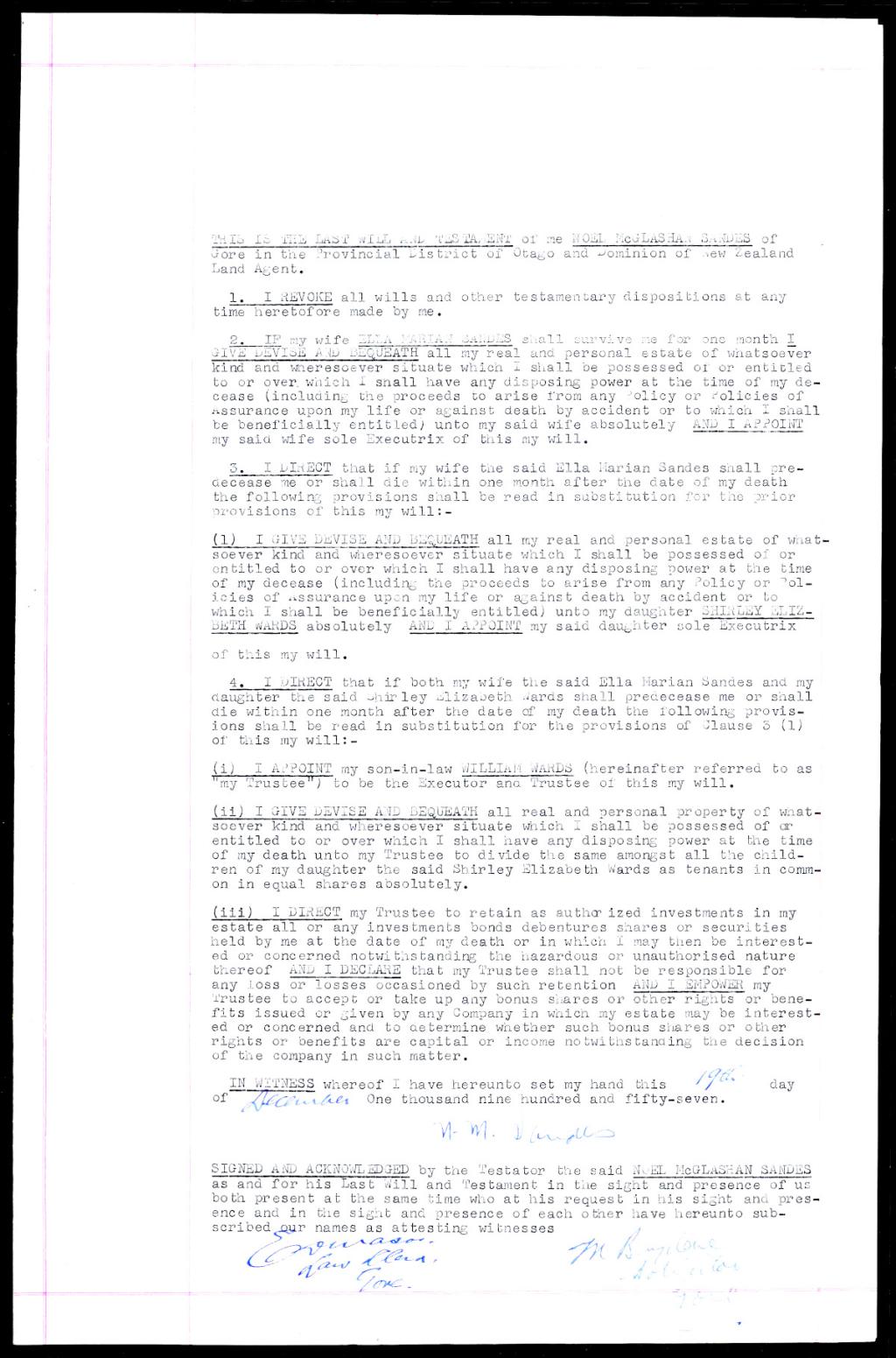 Last will and testament - Noel McGlashan Sandes