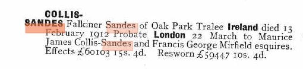 Probate record for Falkiner Sandes Collis-Sandes