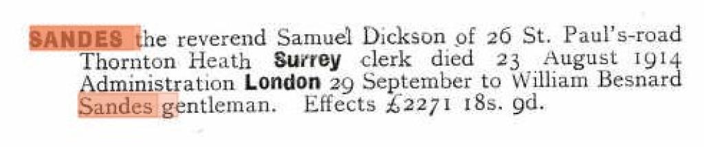 British Will entry for Samuel Dickson Sandes