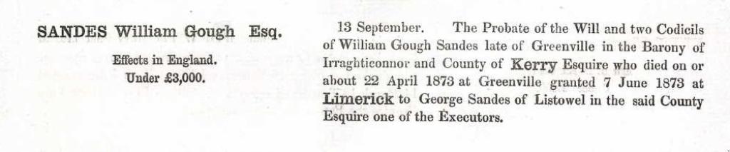 British Will entry for William Gough Sandes