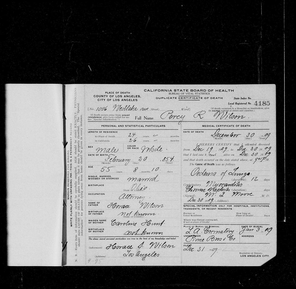 Death record of Percy Ripley Wilson